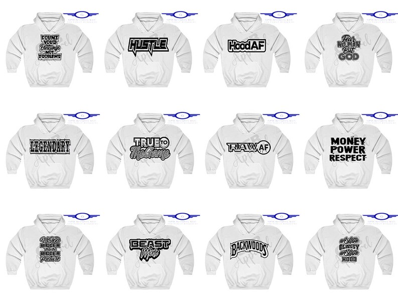Puede incluir: Doce sudaderas con capucha blancas con varios dise&ntilde;os de texto negro. Los dise&ntilde;os incluyen "Count Your Blessings Not Your Problems", "Hustle", "HoodAF", "Fear No Man But God", "Legendary", "True To The Game", "RawAF", "Money Power Respect", "Beast Mode", "Backwoods", "I'm From The Bigger Hood" y "We Live By The Code Of The Hood".