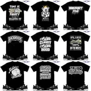 Puede incluir: Un collage de nueve im&aacute;genes que presentan camisetas negras con varios dise&ntilde;os gr&aacute;ficos y un par de zapatillas negras y blancas. Las camisetas presentan dise&ntilde;os con texto como "Time is Money Don't Waste It", "Cash is King", "Beast Mode", "Backwoods", "A Little Classy A Little Hood", "0% Luck 100% Off The Muscle", "Addicted to Hustle", "Vision Bigger Than The Bigger Picture", y "True to The Game".
