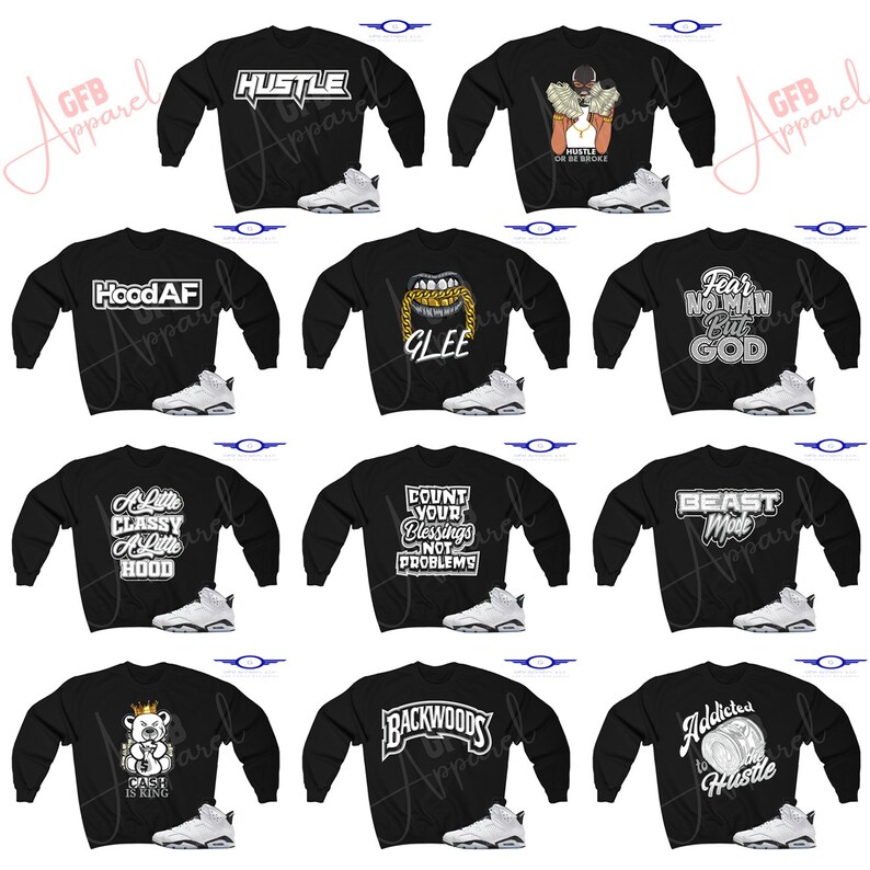 May include: A collage of ten black sweatshirts with various graphic designs and white text. Each sweatshirt is paired with a white and black Air Jordan shoe.