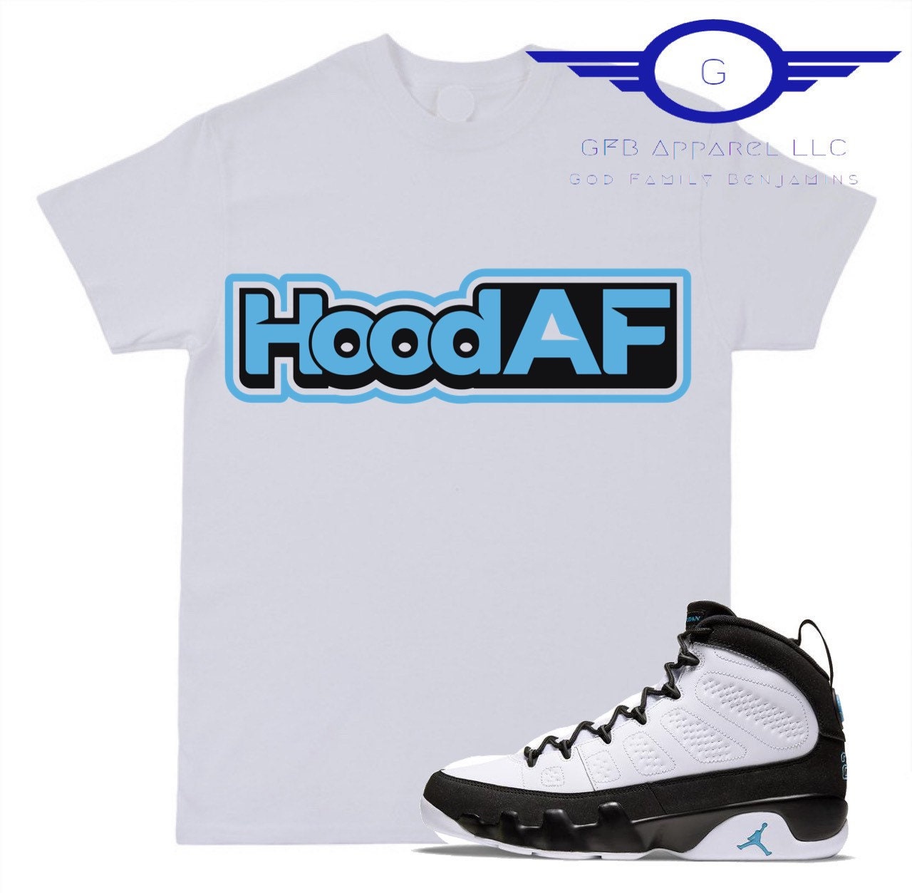 GFBapparelShop Shirt to Match Jordan Retro 9 University Blue Hood AF Shirt Retro 9 University Blue Shirt