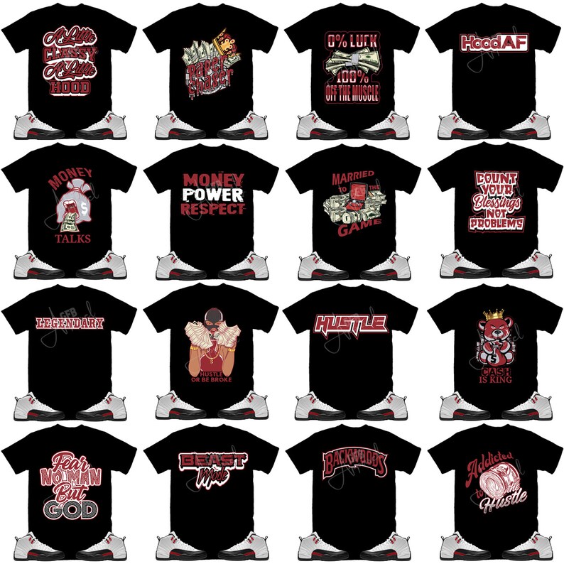 Puede incluir: Un collage de 12 dise&ntilde;os de camisetas diferentes que presentan varios gr&aacute;ficos y textos, combinados con zapatillas Air Jordan blancas y rojas. Las camisetas son negras con detalles rojos y blancos. Los gr&aacute;ficos incluyen dinero, una corona, un oso y las palabras "Hustle", "Money Talks", "Married to the Game" y "Count Your Blessings Not Problems".