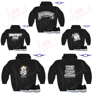 May include: Five black hoodies with different white graphic designs and a pair of black and white sneakers. The designs include "Beast Mode", "Backwoods", "Addicted to Hustle", "Cash is King", and "Count Your Blessings Not Problems".