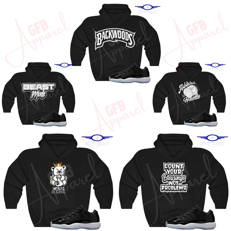 May include: Five black hoodies with different white graphic designs and a pair of black and white sneakers. The designs include "Beast Mode", "Backwoods", "Addicted to Hustle", "Cash is King", and "Count Your Blessings Not Problems".
