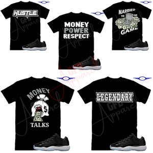 May include: Four black t-shirts with different graphic designs and the text "GF Apparel" on the bottom. Each shirt is paired with a black and white Air Jordan 11 shoe.