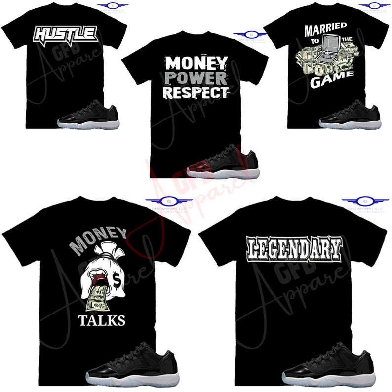 May include: Four black t-shirts with different graphic designs and the text "GF Apparel" on the bottom. Each shirt is paired with a black and white Air Jordan 11 shoe.