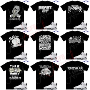 Pu&ograve; includere: Un collage di dieci immagini che mostrano magliette nere con vari design grafici e scarpe da ginnastica bianche. Le magliette presentano frasi come "Beast Mode", "Backwoods", "Addicted to the Hustle", "Vision Bigger than the Bigger Picture", "True to the Game", "Time is Money Don't Waste It", "Roll Up" e "Raw AF".