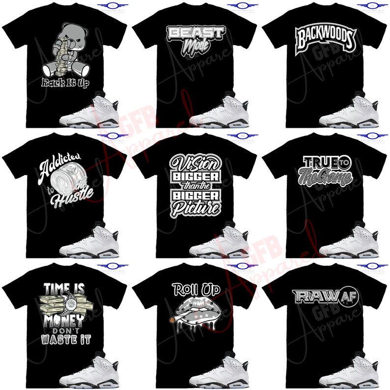 Pu&ograve; includere: Un collage di dieci immagini che mostrano magliette nere con vari design grafici e scarpe da ginnastica bianche. Le magliette presentano frasi come "Beast Mode", "Backwoods", "Addicted to the Hustle", "Vision Bigger than the Bigger Picture", "True to the Game", "Time is Money Don't Waste It", "Roll Up" e "Raw AF".