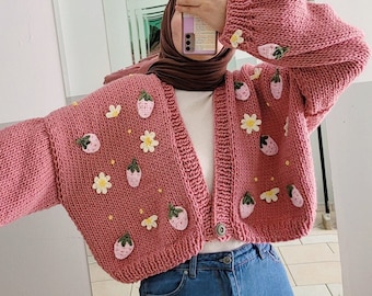 Strawberry Knit Cardigan - Summer Sweater Crochet, Lightweight Cropped Cardi, Chunky Daisy Flower
