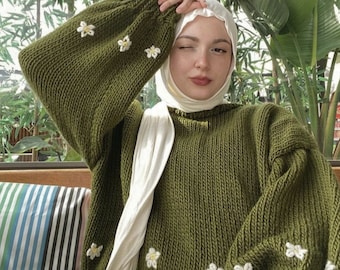 Green Daisy Sweater, Oversized Floral Hand Knit Cardigan