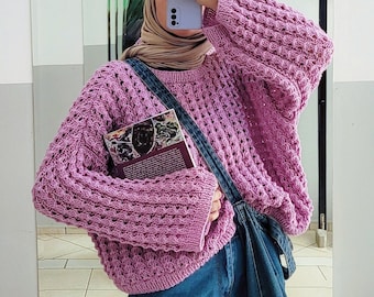 Knitted Purple Summer Crop Sweater, Chunky Oversized Beach Sweater, Lilac and Pink Cardigan, Gift for her