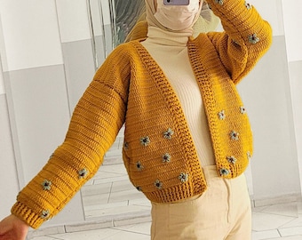 Orange Flower Cardigan - Cropped Cardigan, Oversized Floral Knit Sweater, Burnt orange Chunky Daisy