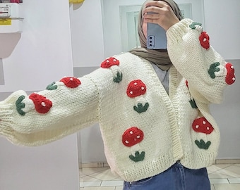 Chunky Knit Mushroom Cardigan - Cropped Sweater Jacket , Flower Oversized Cardi