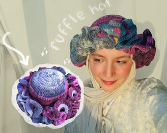 Crochet Ruffle Hat, Summer Bucket Hat, Two Toned Beach Sunhat, Woven Purple Beanie, Striping Hats