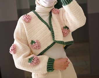 Cárdigan de fresa - Suéter tipo cárdigan corto de crochet, cárdigan extragrande con frutas gruesas y abullonadas