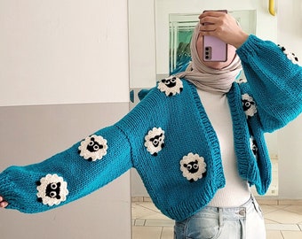 Leuke schapen vest trui, chunky gebreide cardi bijgesneden, turquoise blauw oversized vest