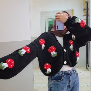 Chunky Knit Mushroom Cardigan - Cropped Sweater Jacket , Flower Oversized Cardi