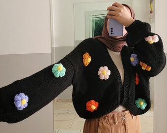 Chunky Flower Cardigan - Floral Knit Sweater ,  Oversized Colorful Cropped Cardi