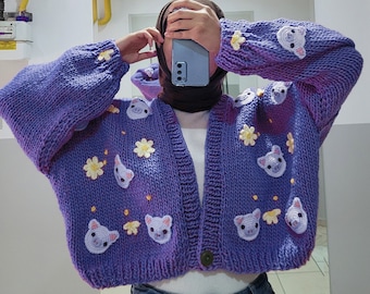 Purple Pig Cardigan, Hand Knit Chunky Cropped Animal Sweater