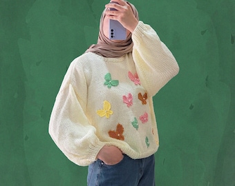 Maglione colorato lavorato a maglia a farfalla, pullover di lana con animali arcobaleno, abito oversize a forma di farfalla, regalo per lei