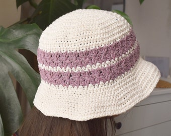 Striped Crochet Bucket Hat, Cute Woven Purple Hat Summer Beach Sun Cap , Flower Fisherman Beanie