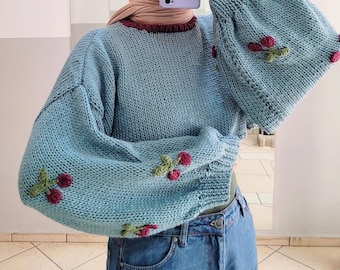 Cropped Chunky Cherry Sweater, Softgirl Style Cardigan, Knitwear Top, Cable Knit Pullover