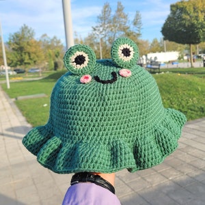 Gehäkelter Frosch-Eimer-Hut, niedlicher Froggy-Eimer-Hut, Tiergrün-Frosch-Beanie