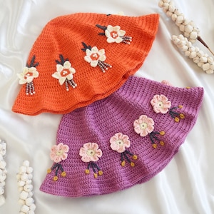 Crochet Floral Cotton Summer Bucket Hat , Woven Orange Purple Hat , Cute Beach Sun Cap , Flower Fisherman Beanie