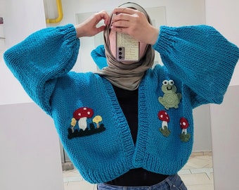 Frog Chunky Knit Cardigan - Blue Cropped Cardi Sweater , Oversized Mushroom Cardigan Crochet