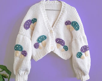 Mushroom Cardigan - Chunky Knit Cardi , Summer Cardigan , Oversized Cropped Crochet Sweater