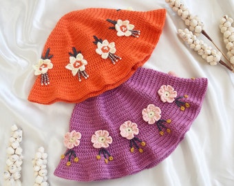 Crochet Floral Cotton Summer Bucket Hat , Woven Orange Purple Hat , Cute Beach Sun Cap , Flower Fisherman Beanie