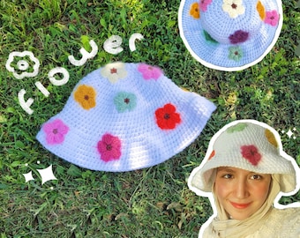 Floral Bucket Hat, Crochet Beach Sunhat, Bucket Cap Hat, Colorful Summer Beanie, Gift for her