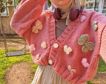 Hand Knit Bow Cardigan, Pink Chunky Cropped Sweater, Coquette Balletcore Knitwear