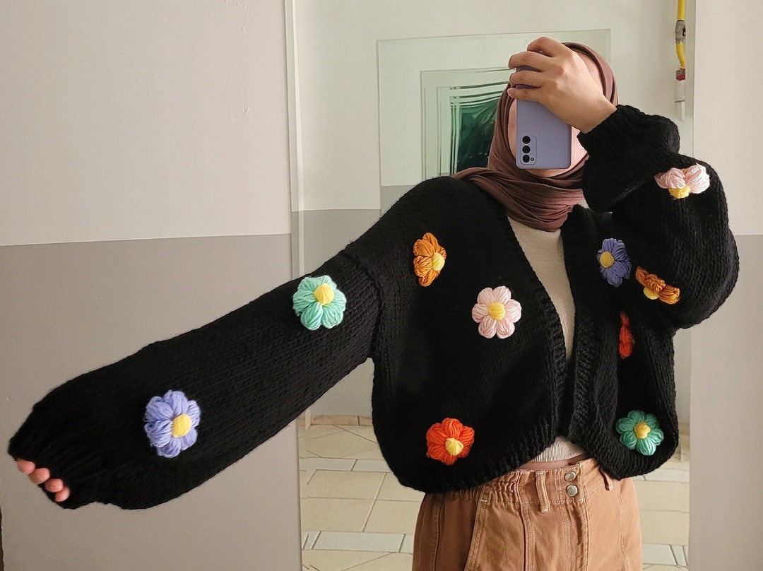Chunky Flower Cardigan - Floral Knit Sweater , Oversized