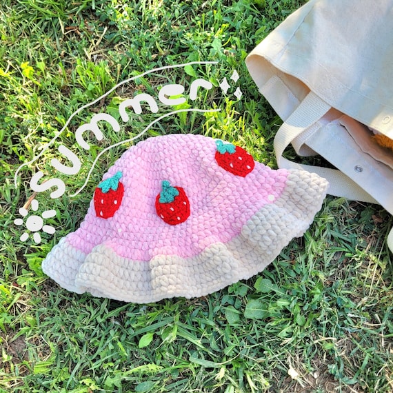 Crochet Strawberry Shortcake Hat, Beach Summer Hat, Woven Sunhat, Vacation Sun Protection cap