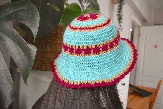 Crochet Bucket Hat: Multicolor Cotton Summer Beanie Crochet Bucket Hat for Women Knit Beanies Cap Handmade  main image 2