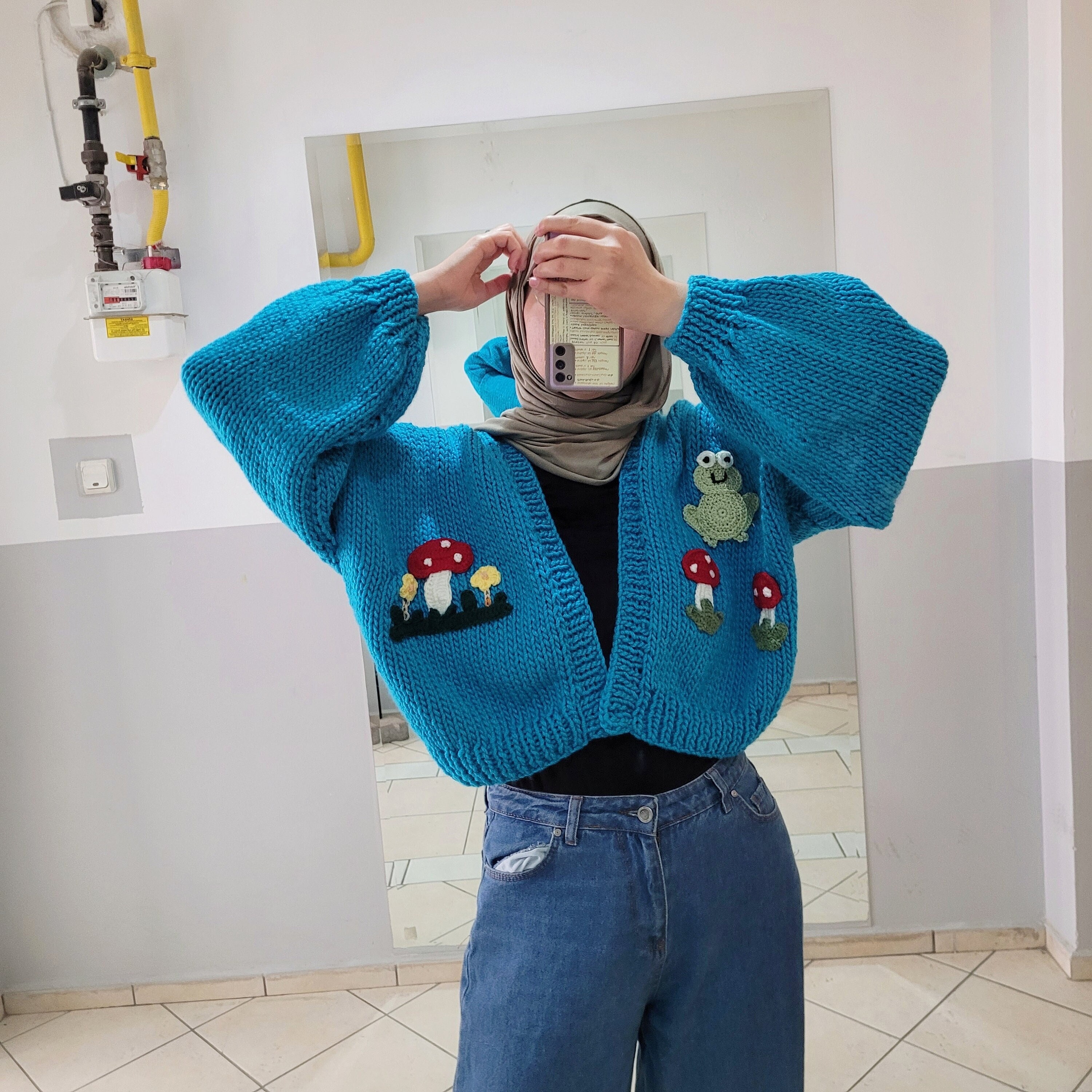 Frog Chunky Knit Cardigan - Blue Cropped Cardi Sweater , Oversized