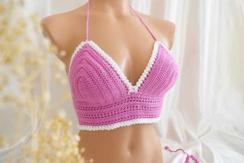 Crochet Bikini Crop Top Knit Hairband Trim Bikini Swimsuit Etsy