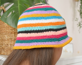 Sombrero de pescador de ganchillo a rayas multicolor, sombrero de playa tejido para verano, bonita gorra para el sol, gorro de pescador básico