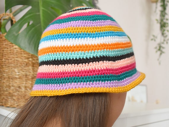 Multi Color Striped Crochet Bucket Hat, Woven Beach Summer  display picture 1