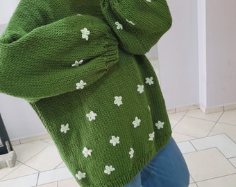 Oversized Chunky Knit Sweater, Flower Daisy Cable Embroidered Sweater, Boho Crochet Flower Knitwear Cardigan gift for her