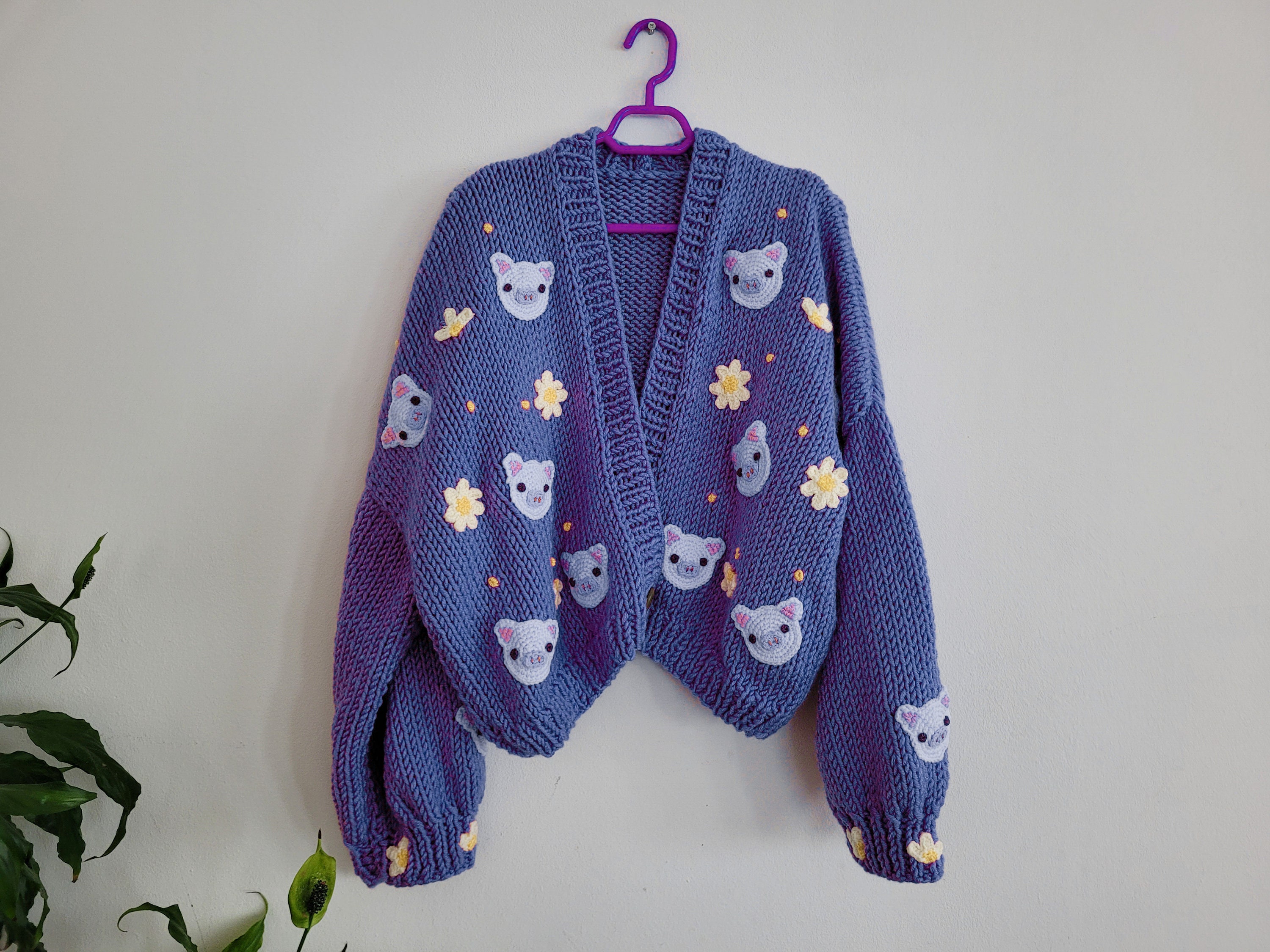 Chunky Knit Purple Pig Cardigan - Cropped Piggie Cute Sweater
