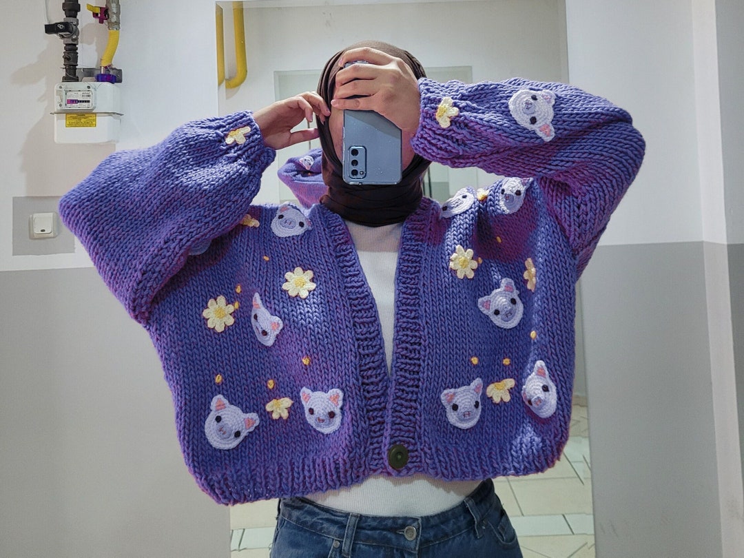 Chunky Knit Purple Pig Cardigan - Cropped Piggie Cute Sweater