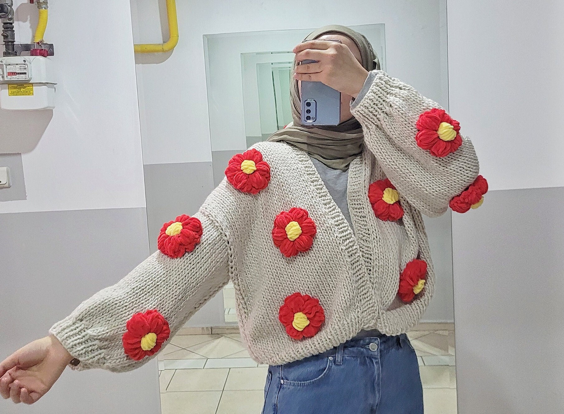 MARKM☆FLOWER ALL OVER KNIT Chunky Flower Cardigan - Floral Knit Sweater , Oversized