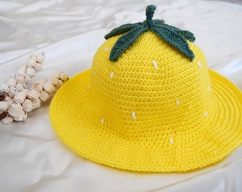 Gehäkelter Zitronen-Eimer-Hut, gewebter Weihnachtsgeschenk-niedliche gelbe Frucht-Fischer-Beanie, Cloche Fedora-Kappe Kundenspezifische Beret