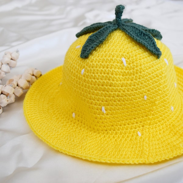 Crochet Lemon Bucket Hat, Woven Christmas Gift Cute Yellow Fruit Fisherman Beanie , Cloche Fedora Cap Custom Beret