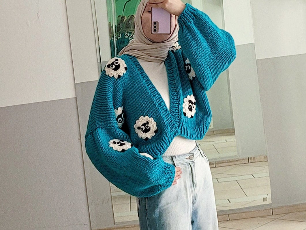 Cute Sheep Cardigan Sweater, Chunky Knit Cardi Cropped, Turquoise