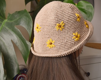 Häkeln Daisy Bucket Hat, Baumwolle gewebt Sommer Fischer Mütze Cloche Fedora Hut, Strandkappe Benutzerdefinierte Stroh Baskenmütze