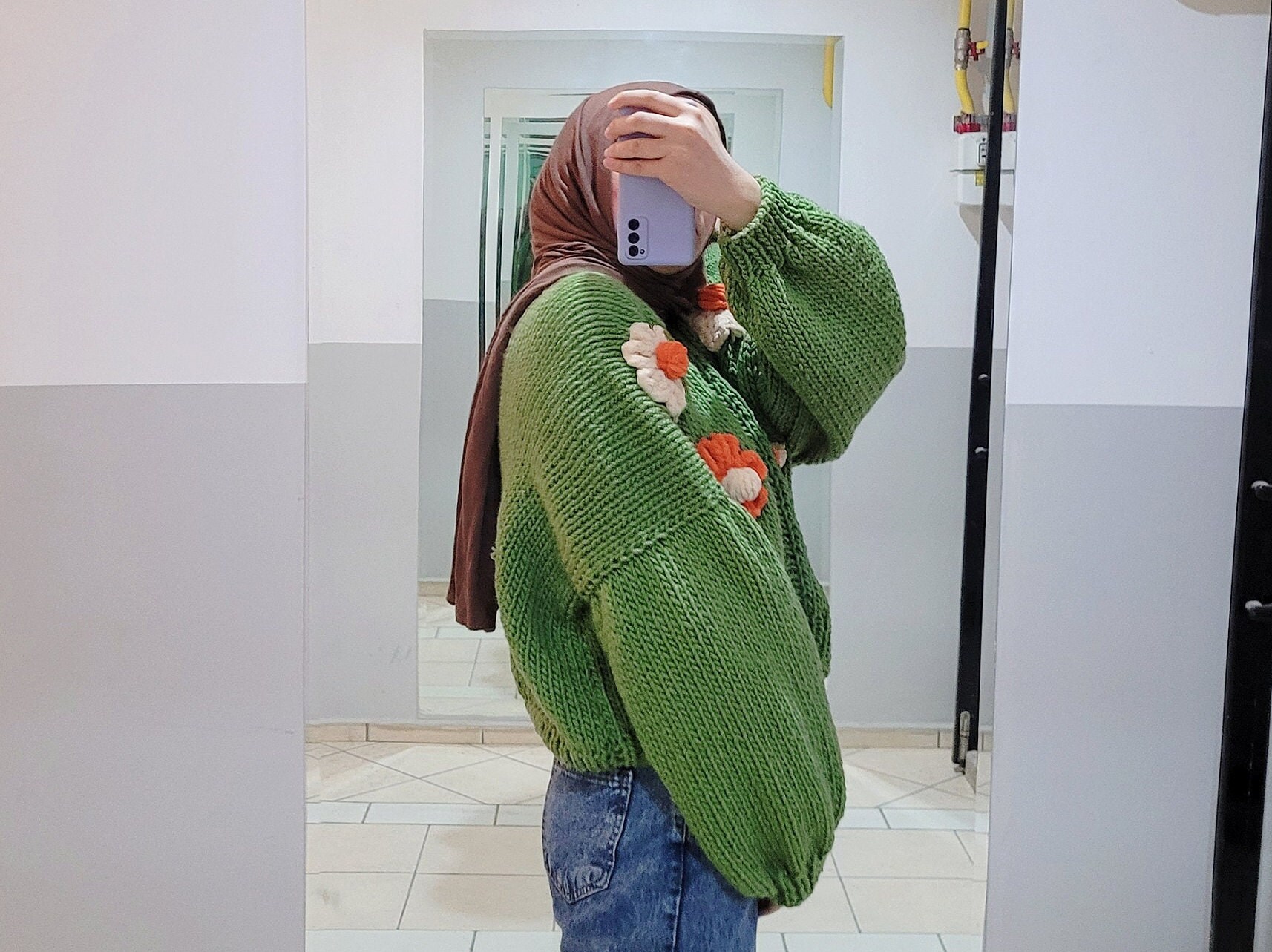 Chunky Cropped Knit Cardigan - Daisy Crochet Cardi Orange