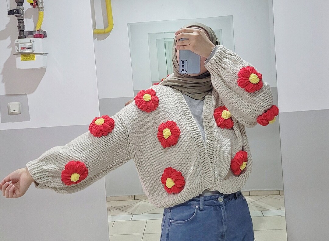 Chunky Flower Cardigan - Floral Knit Sweater , Oversized