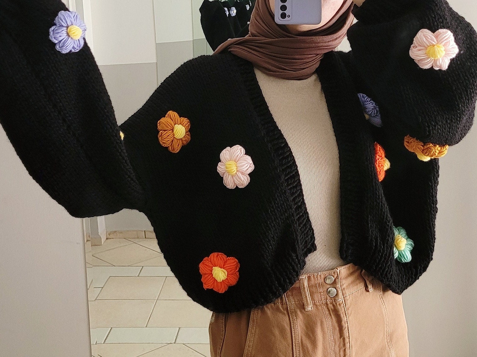Chunky Flower Cardigan - Floral Knit Sweater , Oversized Colorful